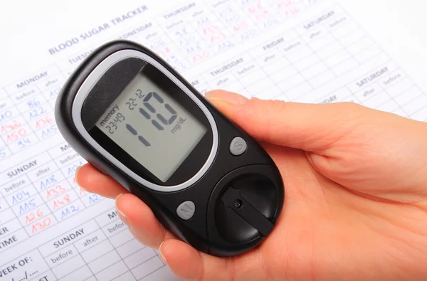 Hand of woman with glucometer and medical form