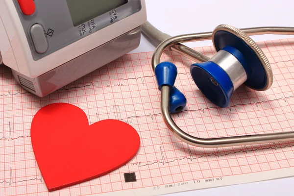 Stethoscope, heart shape, blood pressure monitor on electrocardiogram