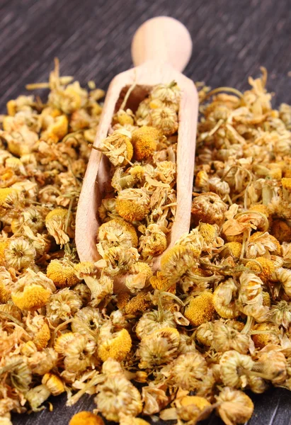 Dried chamomile on wooden table, alternative medicine