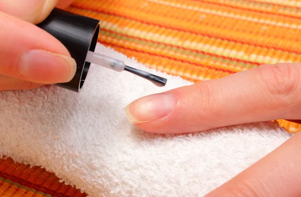 Applying pink nail polish, manicured nails of woman