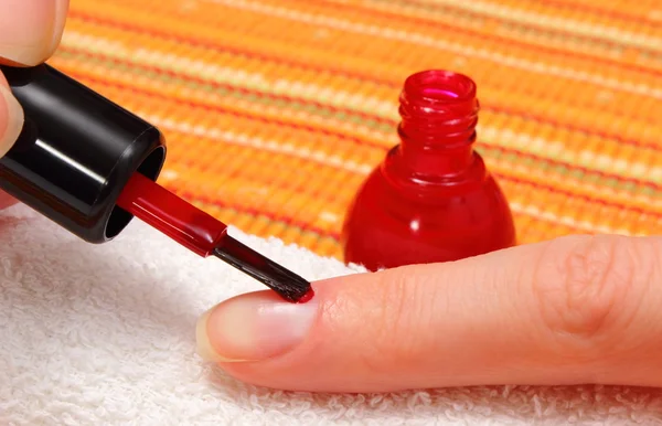 Applying red nail polish, manicured nails of woman