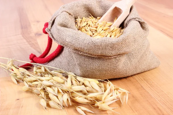 Organic oat grains in jute bag, healthy nutrition