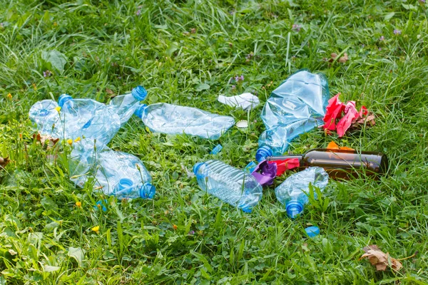 Heap of rubbish on grass in park, littering of environment