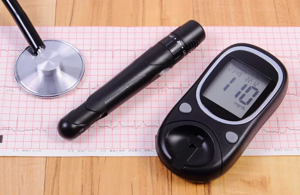 Glucometer with lancet device and stethoscope on electrocardiogram graph