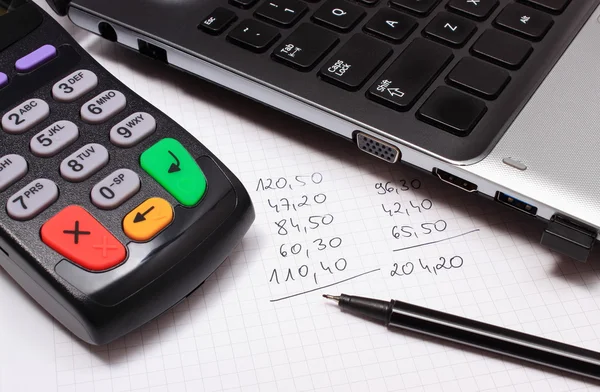 Payment terminal, laptop and financial calculations