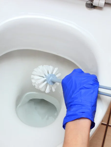 Hand of woman in blue glove cleaning toilet bowl