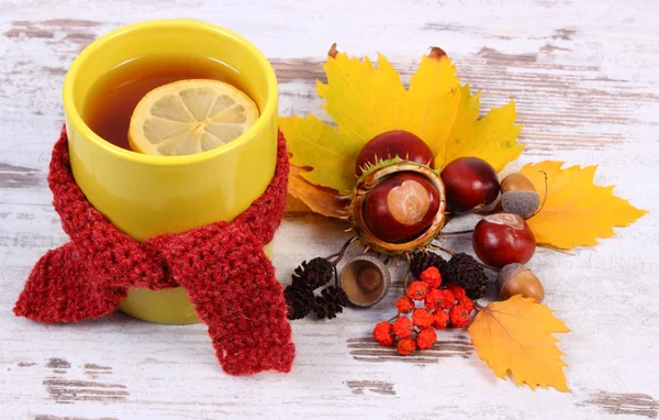 Cup of hot tea with lemon wrapped woolen scarf, warming beverage for flu, autumn decoration