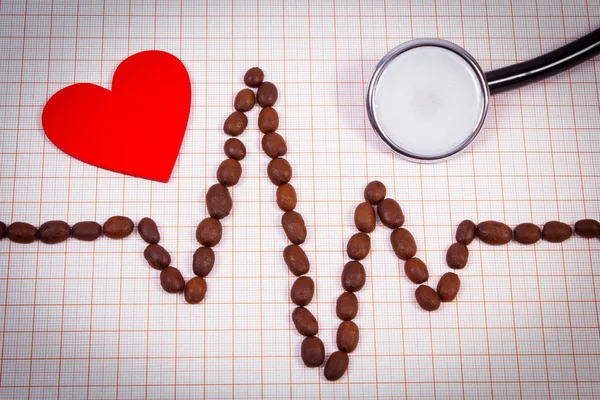 Cardiogram line of coffee grains, stethoscope and red heart, medicine and healthcare concept