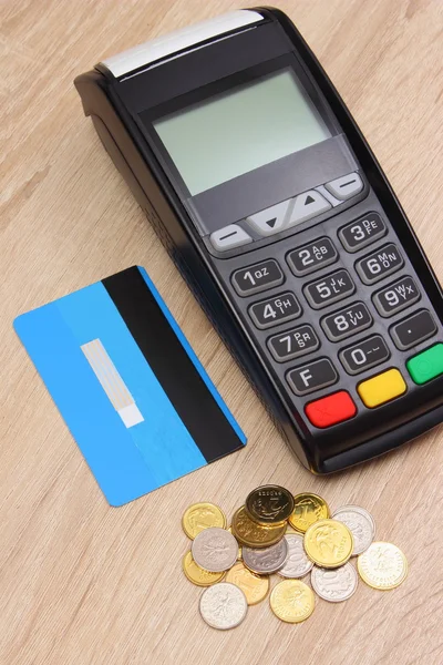 Payment terminal with credit card and polish money on desk, finance concept