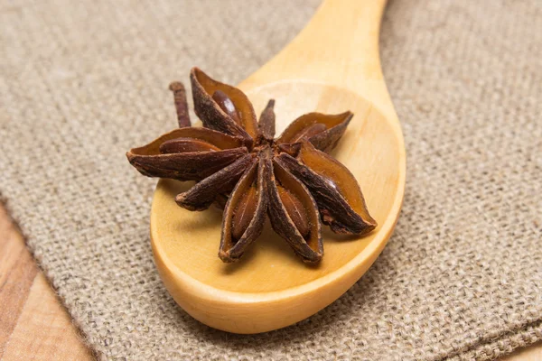 Star anise with wooden spoon on wooden table, seasoning for cooking