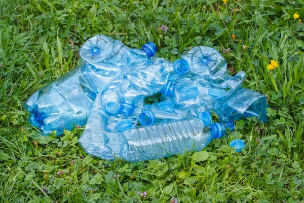 Plastic bottles and bottle caps on grass in park, littering of environment