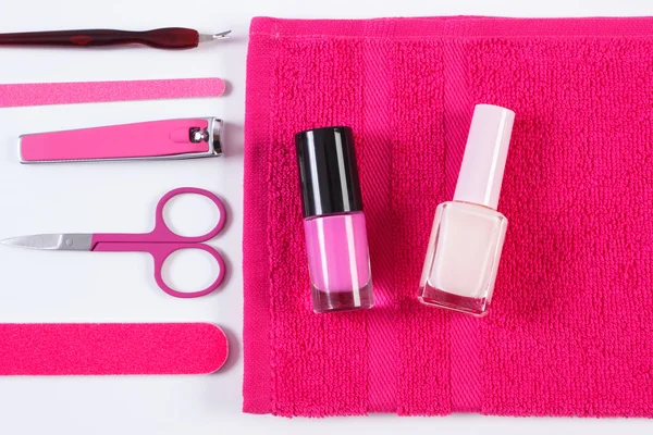 Cosmetics and set of manicure or pedicure tools, concept of nail care