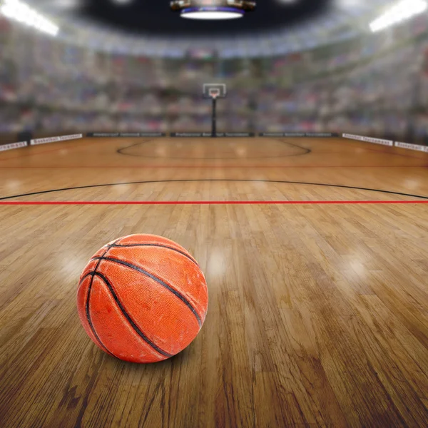 Basketball Arena With Ball on Court and Copy Space