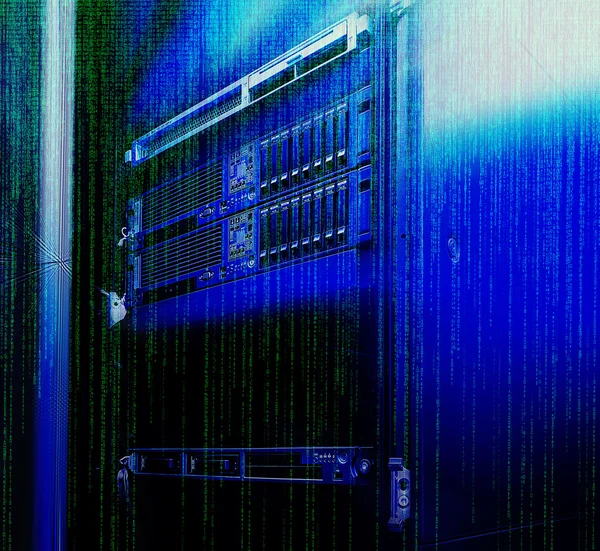 Blade server with the matrix code and blur blue toning