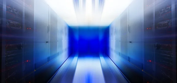 Futuristic server blur motion room with modern communication and server equipment