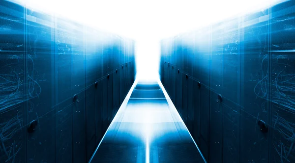 Symmetrical futuristic modern server room in the data center with bright light