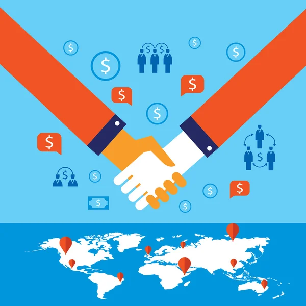 Handshake and business icons for web on world map background Successful business concept