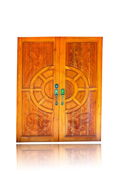 Wooden door decorated with modern style metallic door handle on