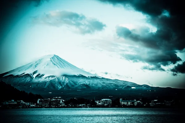 Sacred mountain of Fuji on  top covered with snow in Japan.