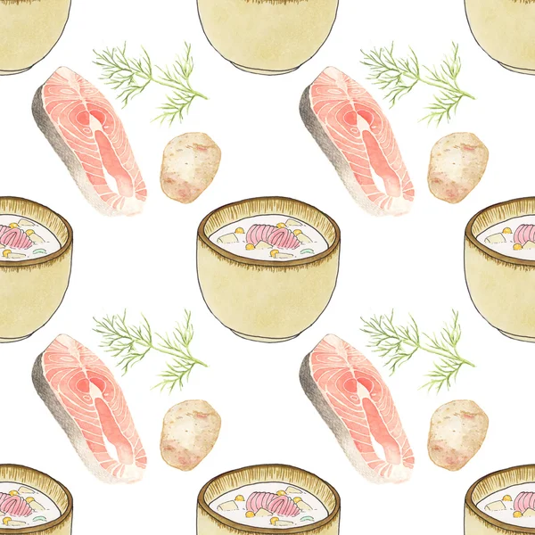 Plate of soup.  Seamless pattern with plates with soup and ingredients. Hand-drawn original background.