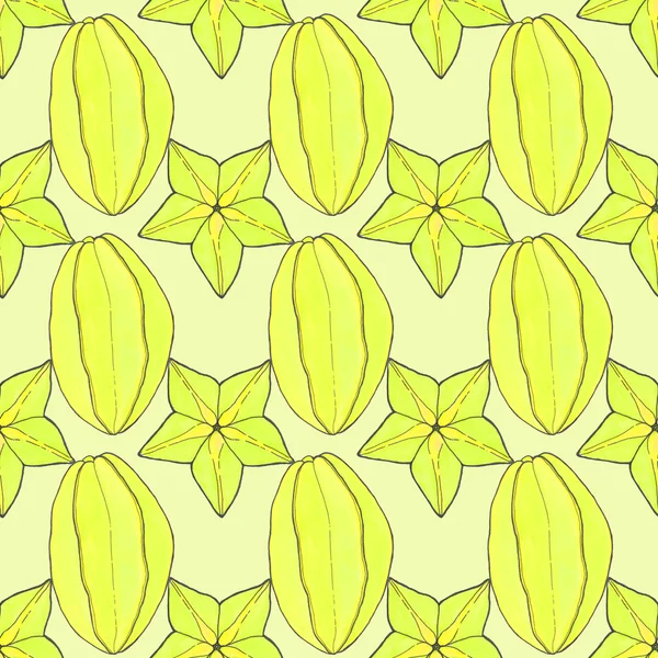 Starfruit or carambola. Seamless pattern with fruits. Hand-drawn background.