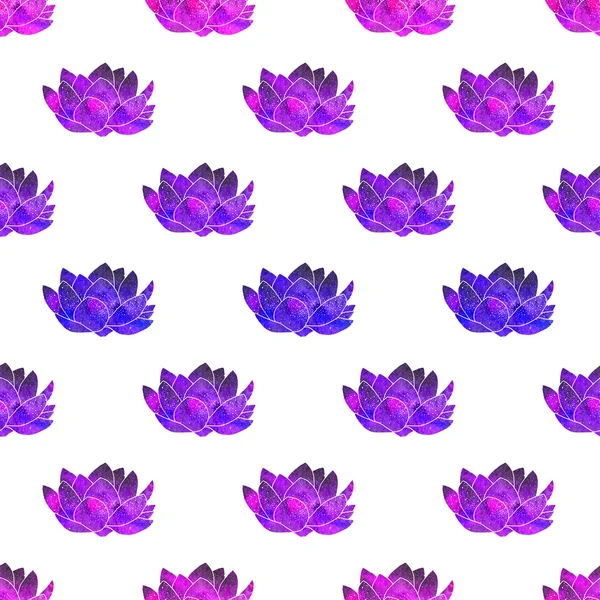 Violet lotus. Seamless pattern with cosmic or galaxy flowers. Hand-drawn original floral background.