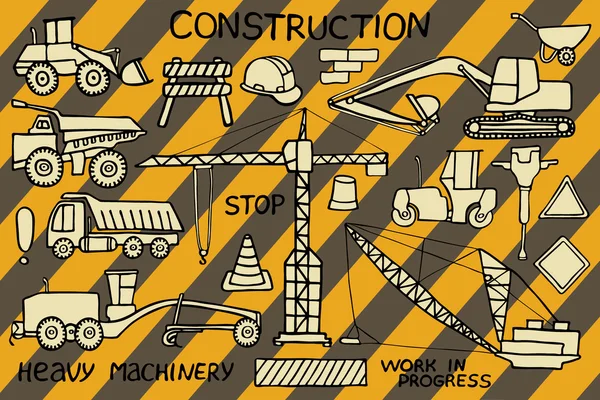 Construction and heavy machinery sketch. Hand-drawn cartoon industry icon set. Doodle drawing.
