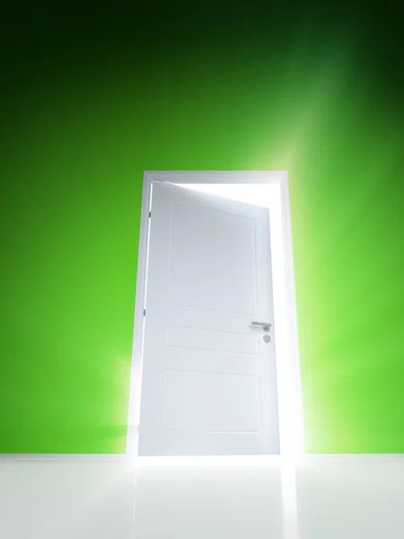 Open white door with rays of light on green wall