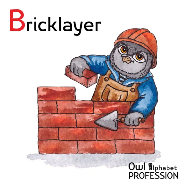 Alphabet professions Owl Letter B - Bricklayer Vector Watercolor.