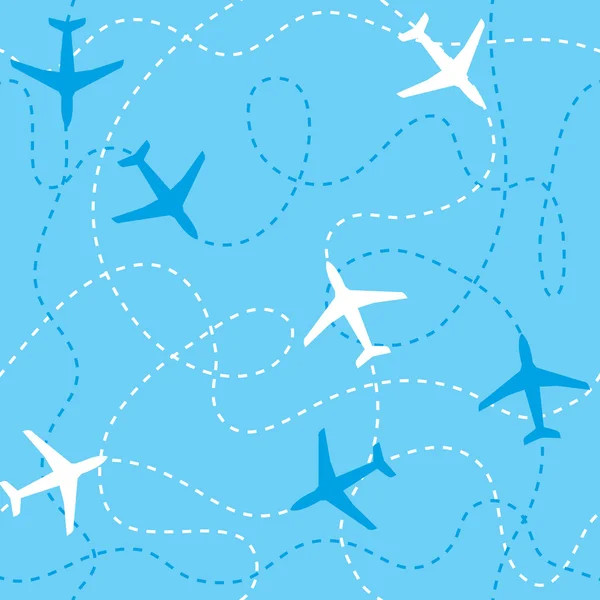 Seamless background airplanes flying with dashed lines as tracks or routes on blue sky.