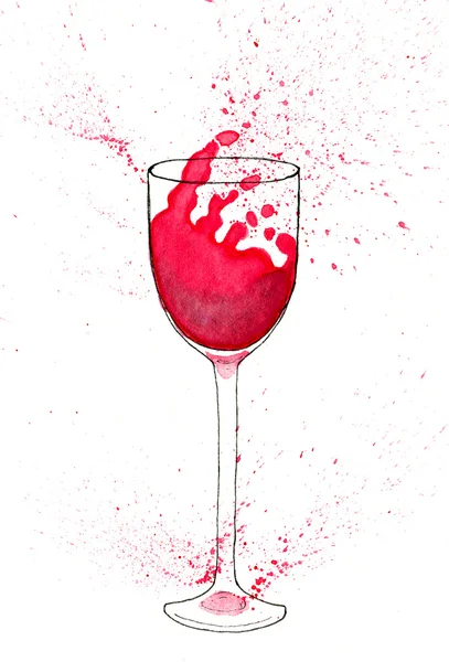 Watercolor illustration of wine glass with red wine and splashes.
