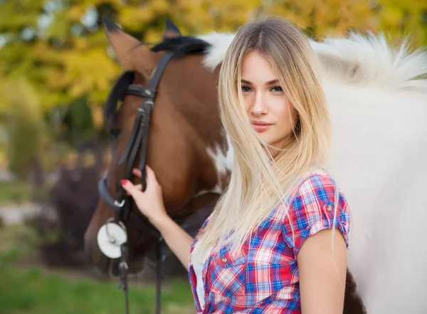 Beautiful young lady wearing t-shirt and jeans riding a horse at