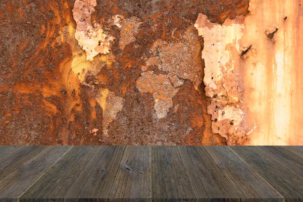 Metal rust wall texture surface with Wood terrace and world map