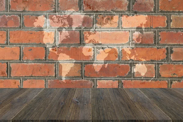 Red Brick wall texture surface with Wood terrace and world map