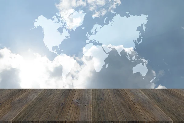 Blue sky cloud with Wood terrace and world map