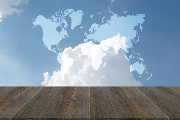 Blue sky cloud with Wood terrace and world map