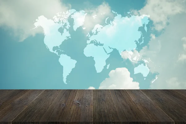 Blue sky cloud with Wood terrace and world map , process in vint