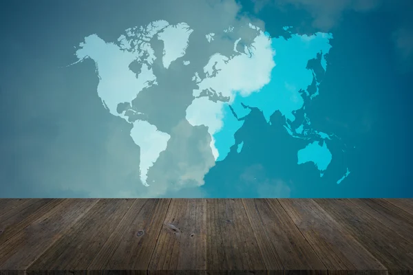 Blue sky cloud with Wood terrace and world map , process in vint