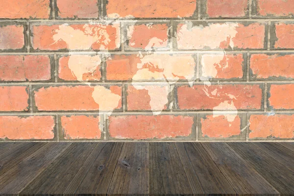 Red Brick wall texture surface with Wood terrace and world map