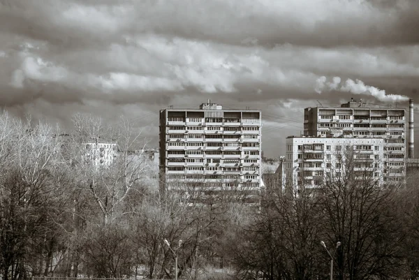 Bird-fly Moscow city view. Old district