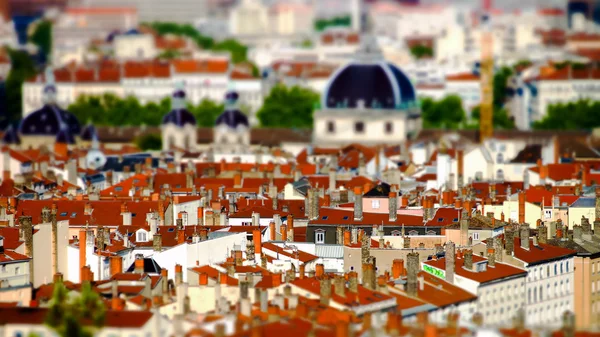 Lyon city bird-fly view in tilt-shift