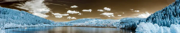 Mountain lake panoramic view in infra-red