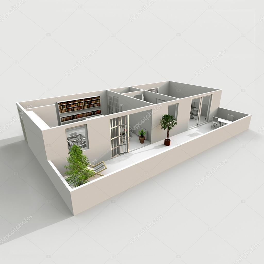 3d interiör rendering av inredda hem lägenhet med balkong: rum ...