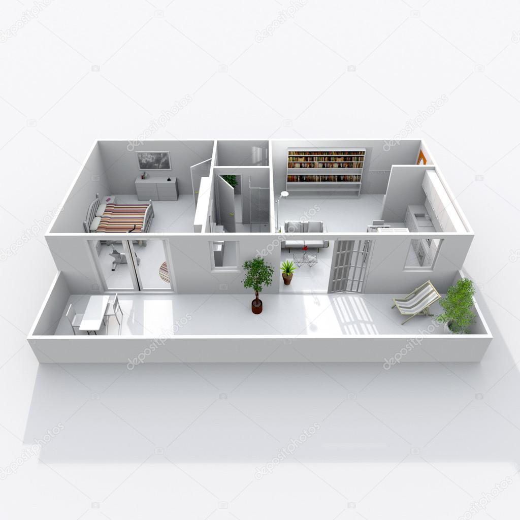 3d interiör rendering av sneda hem lägenhet med möbler: rum ...