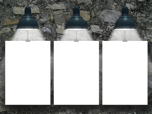 Three hanged paper sheet with blue retro lamps on stone wall