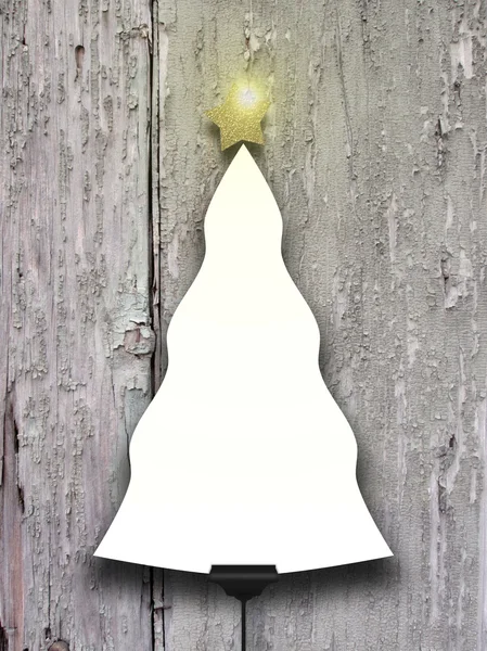 Single hanged Christmas tree shaped frame with star on grey wooden boards