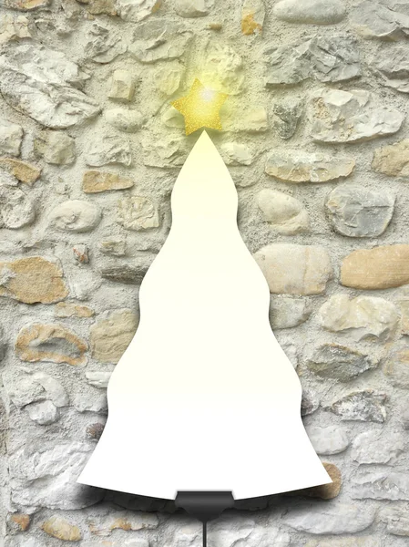 Single Christmas tree shaped frame with turned on star on stone wall