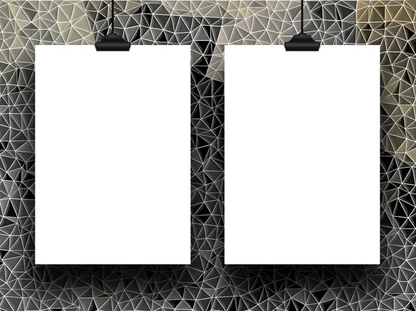 Two hanged paper sheets with clips on grey mesh