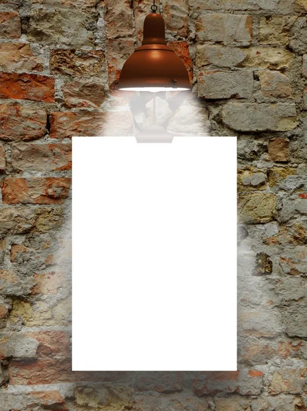 Single hanged paper sheet with retro lamp on brick wall