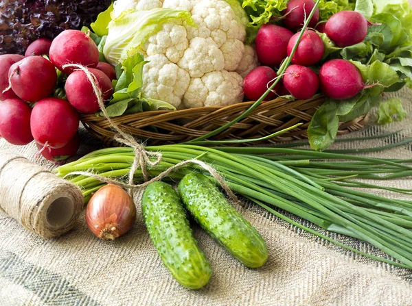 Basket with vegetables: lettuce, cucumbers, onions, chives, cauliflower, radish